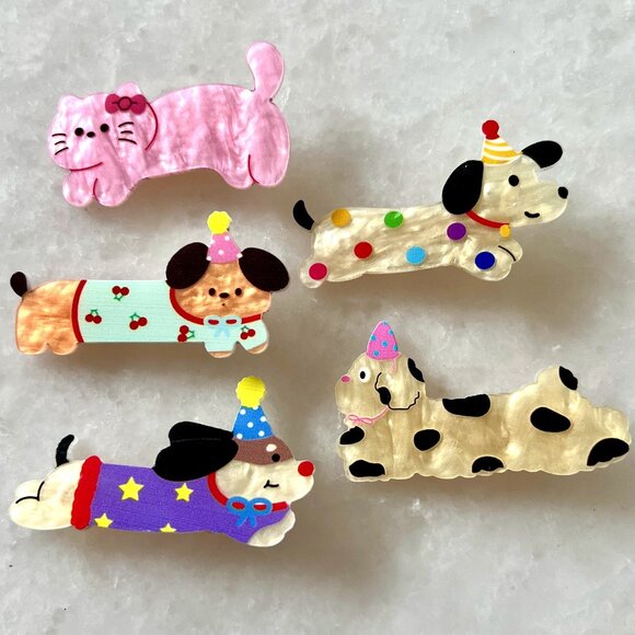 NWOT - Set of 5 Cute Cartoon Party Hair Clips/Barrettes With Dogs & Cats - Picture 1 of 7